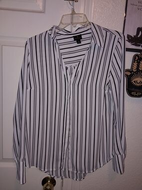 Black and White Vertical Stripe Button-Up Blouse